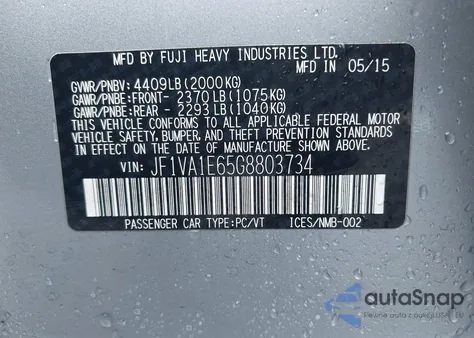 2016 Subaru Wrx Premium from USA, damaged, VIN JF1VA1E65G8803734